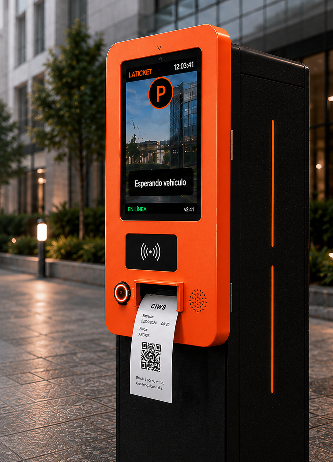 Kiosco dispensador de tickets CIWS para parqueadero — pantalla personalizada con marca