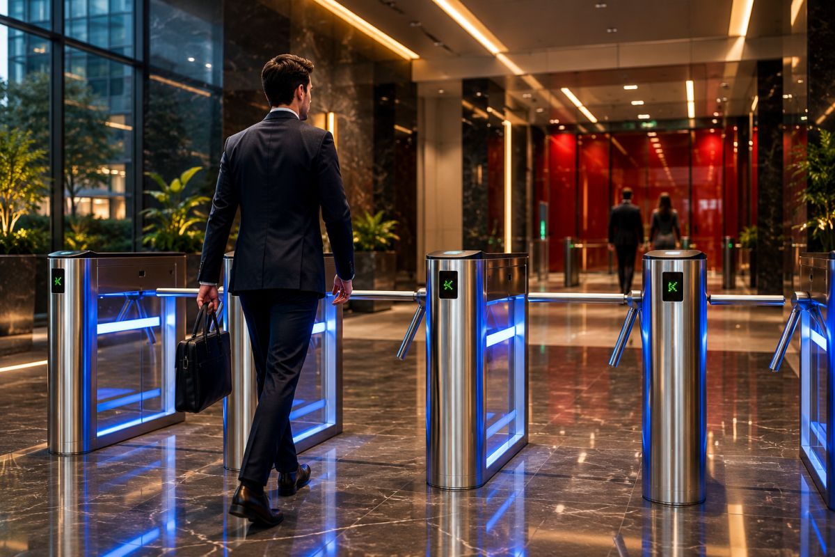 Torniquetes de control de acceso en el lobby de un edificio